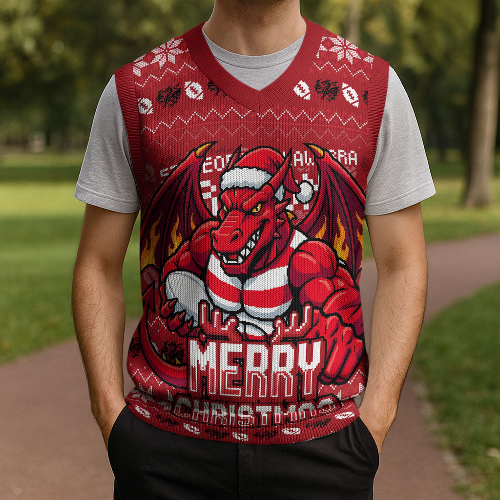 Personalized St George Illawarra Dragons Christmas Knitted V-Neck Vest Australian Rugby Fans - Pixelated Ugly Xmas Pattern Mascot Santa