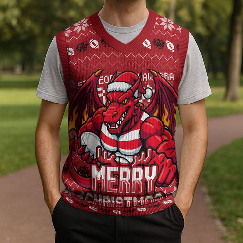 Personalized St George Illawarra Dragons Christmas Knitted V-Neck Vest Australian Rugby Fans - Pixelated Ugly Xmas Pattern Mascot Santa