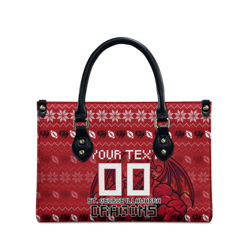 Personalized St George Illawarra Dragons Christmas Leather Bag Australian Rugby Fans - Pixelated Ugly Xmas Pattern Mascot Santa