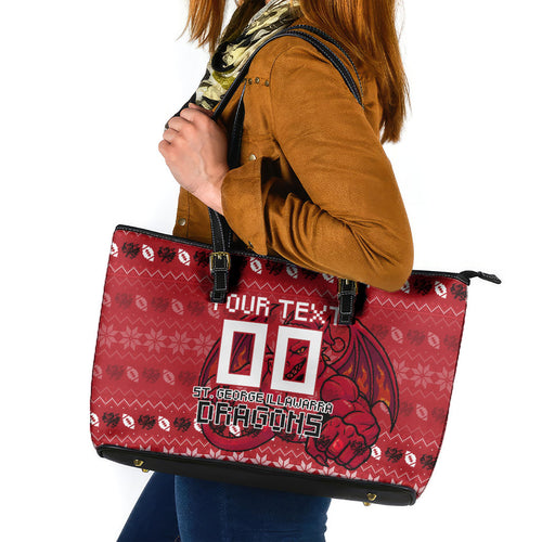 Personalized St George Illawarra Dragons Christmas Leather Tote Bag Australian Rugby Fans - Pixelated Ugly Xmas Pattern Mascot Santa