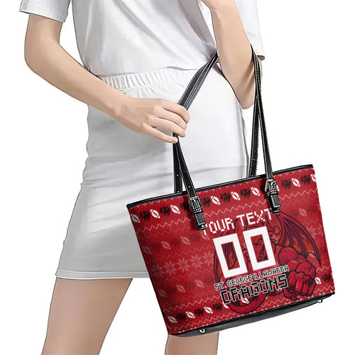 Personalized St George Illawarra Dragons Christmas Leather Tote Bag Australian Rugby Fans - Pixelated Ugly Xmas Pattern Mascot Santa