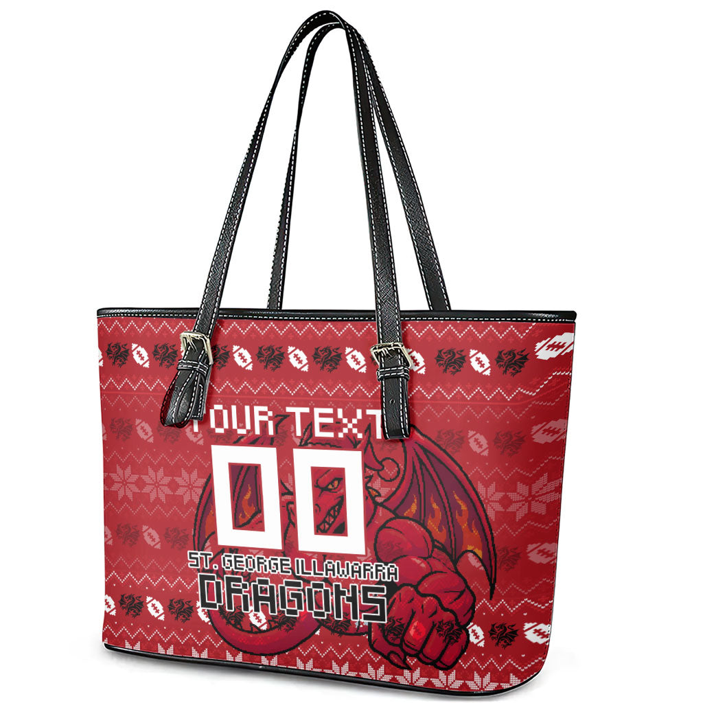 Personalized St George Illawarra Dragons Christmas Leather Tote Bag Australian Rugby Fans - Pixelated Ugly Xmas Pattern Mascot Santa