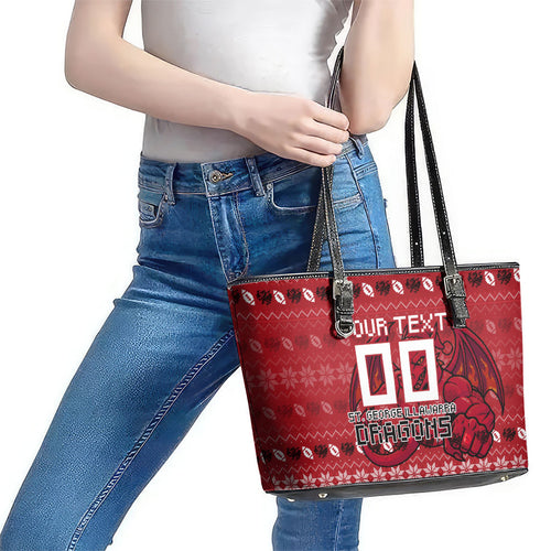 Personalized St George Illawarra Dragons Christmas Leather Tote Bag Australian Rugby Fans - Pixelated Ugly Xmas Pattern Mascot Santa