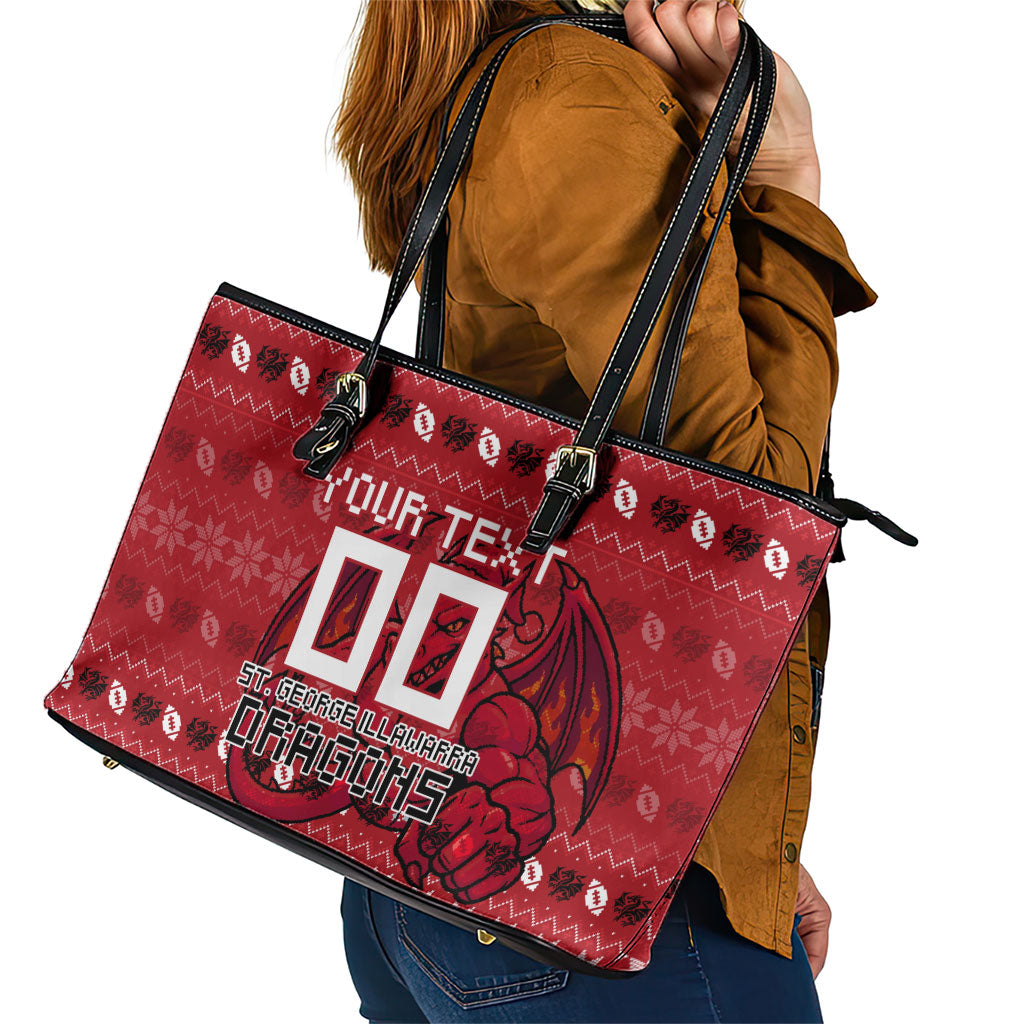 Personalized St George Illawarra Dragons Christmas Leather Tote Bag Australian Rugby Fans - Pixelated Ugly Xmas Pattern Mascot Santa