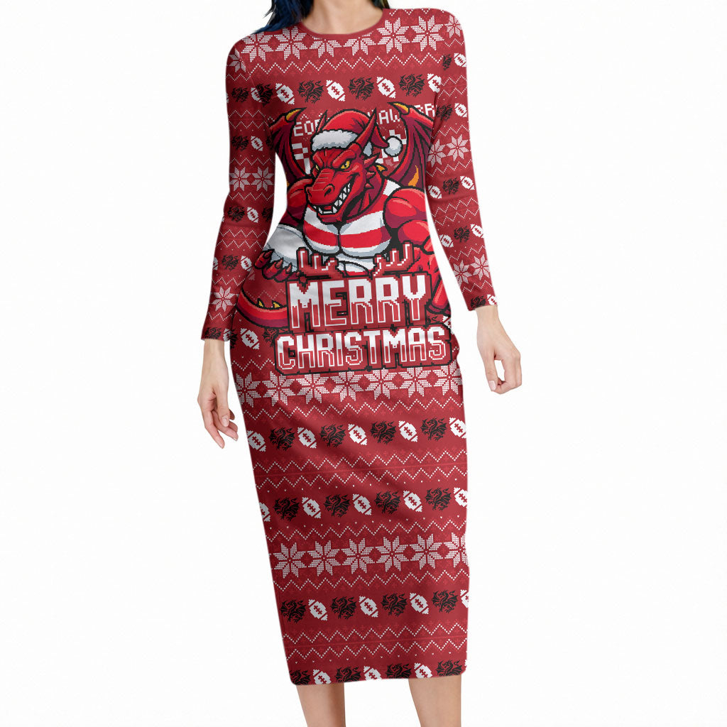 Personalized St George Illawarra Dragons Christmas Long Sleeve Bodycon Dress Australian Rugby Fans - Pixelated Ugly Xmas Pattern Mascot Santa