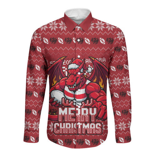 Personalized St George Illawarra Dragons Christmas Long Sleeve Button Shirt Australian Rugby Fans - Pixelated Ugly Xmas Pattern Mascot Santa