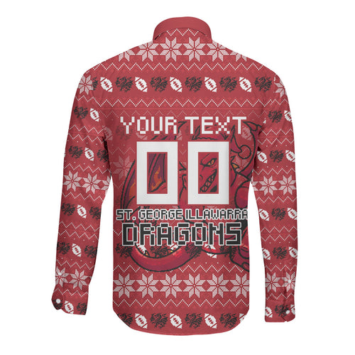 Personalized St George Illawarra Dragons Christmas Long Sleeve Button Shirt Australian Rugby Fans - Pixelated Ugly Xmas Pattern Mascot Santa