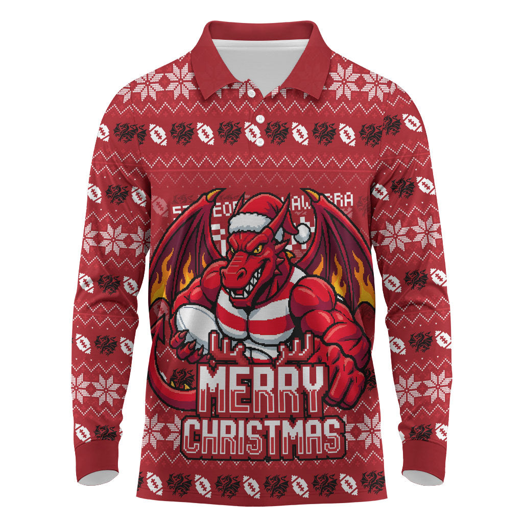 Personalized St George Illawarra Dragons Christmas Long Sleeve Polo Shirt Australian Rugby Fans - Pixelated Ugly Xmas Pattern Mascot Santa
