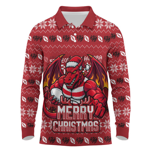 Personalized St George Illawarra Dragons Christmas Long Sleeve Polo Shirt Australian Rugby Fans - Pixelated Ugly Xmas Pattern Mascot Santa