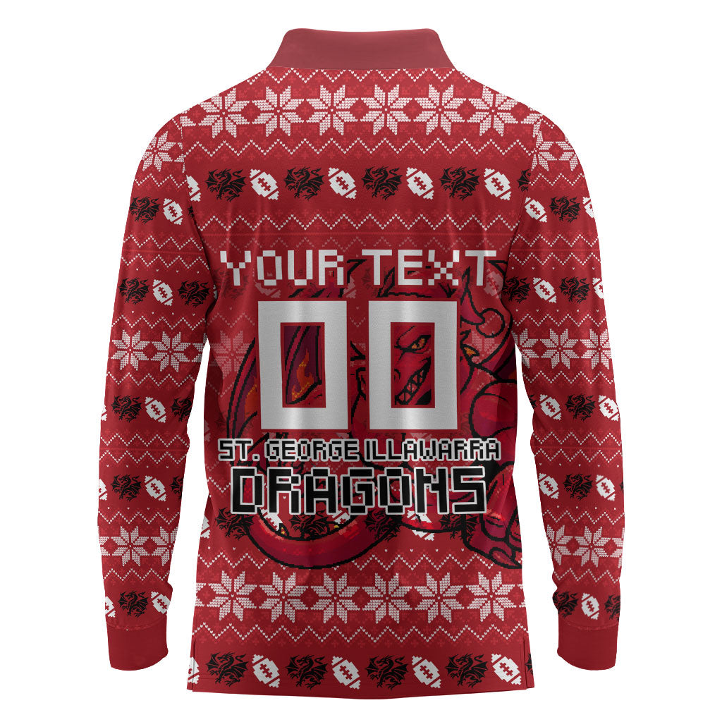 Personalized St George Illawarra Dragons Christmas Long Sleeve Polo Shirt Australian Rugby Fans - Pixelated Ugly Xmas Pattern Mascot Santa