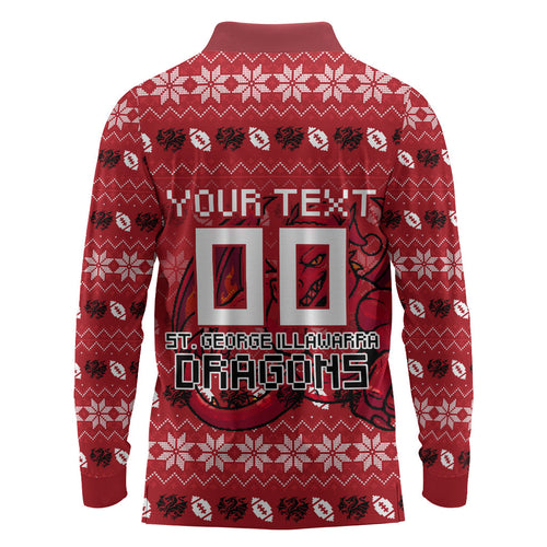 Personalized St George Illawarra Dragons Christmas Long Sleeve Polo Shirt Australian Rugby Fans - Pixelated Ugly Xmas Pattern Mascot Santa