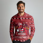 Personalized St George Illawarra Dragons Christmas Long Sleeve Polo Shirt Australian Rugby Fans - Pixelated Ugly Xmas Pattern Mascot Santa