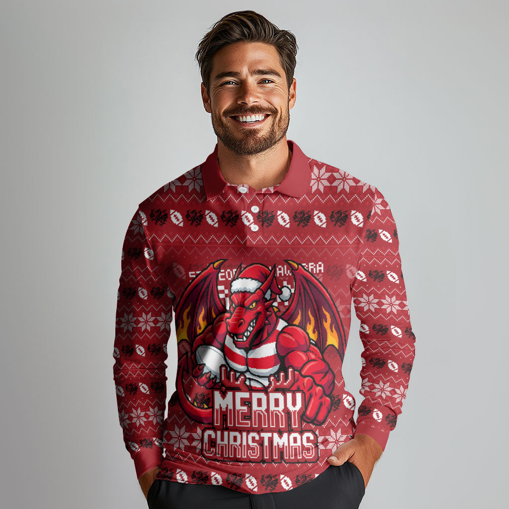 Personalized St George Illawarra Dragons Christmas Long Sleeve Polo Shirt Australian Rugby Fans - Pixelated Ugly Xmas Pattern Mascot Santa