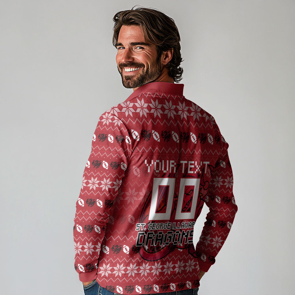 Personalized St George Illawarra Dragons Christmas Long Sleeve Polo Shirt Australian Rugby Fans - Pixelated Ugly Xmas Pattern Mascot Santa