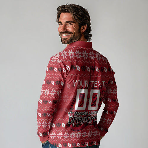 Personalized St George Illawarra Dragons Christmas Long Sleeve Polo Shirt Australian Rugby Fans - Pixelated Ugly Xmas Pattern Mascot Santa