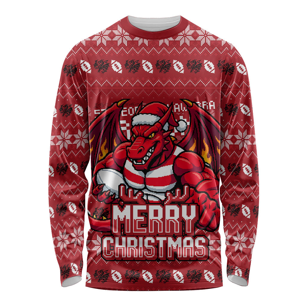 Personalized St George Illawarra Dragons Christmas Long Sleeve Shirt Australian Rugby Fans - Pixelated Ugly Xmas Pattern Mascot Santa