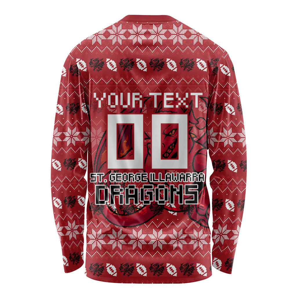 Personalized St George Illawarra Dragons Christmas Long Sleeve Shirt Australian Rugby Fans - Pixelated Ugly Xmas Pattern Mascot Santa