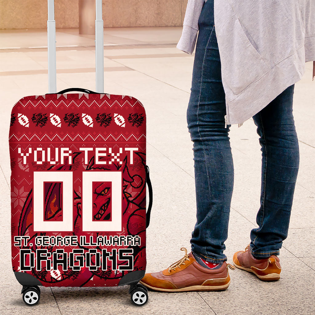 Personalized St George Illawarra Dragons Christmas Luggage Cover Australian Rugby Fans - Pixelated Ugly Xmas Pattern Mascot Santa