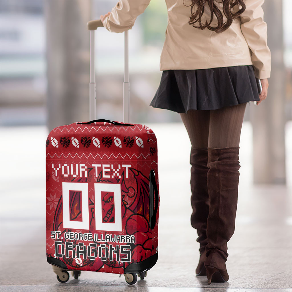 Personalized St George Illawarra Dragons Christmas Luggage Cover Australian Rugby Fans - Pixelated Ugly Xmas Pattern Mascot Santa