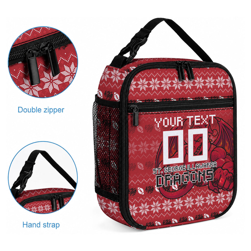 Personalized St George Illawarra Dragons Christmas Lunch Bag Australian Rugby Fans - Pixelated Ugly Xmas Pattern Mascot Santa