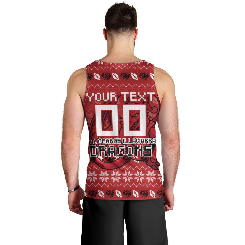Personalized St George Illawarra Dragons Christmas Men Tank Top Australian Rugby Fans - Pixelated Ugly Xmas Pattern Mascot Santa