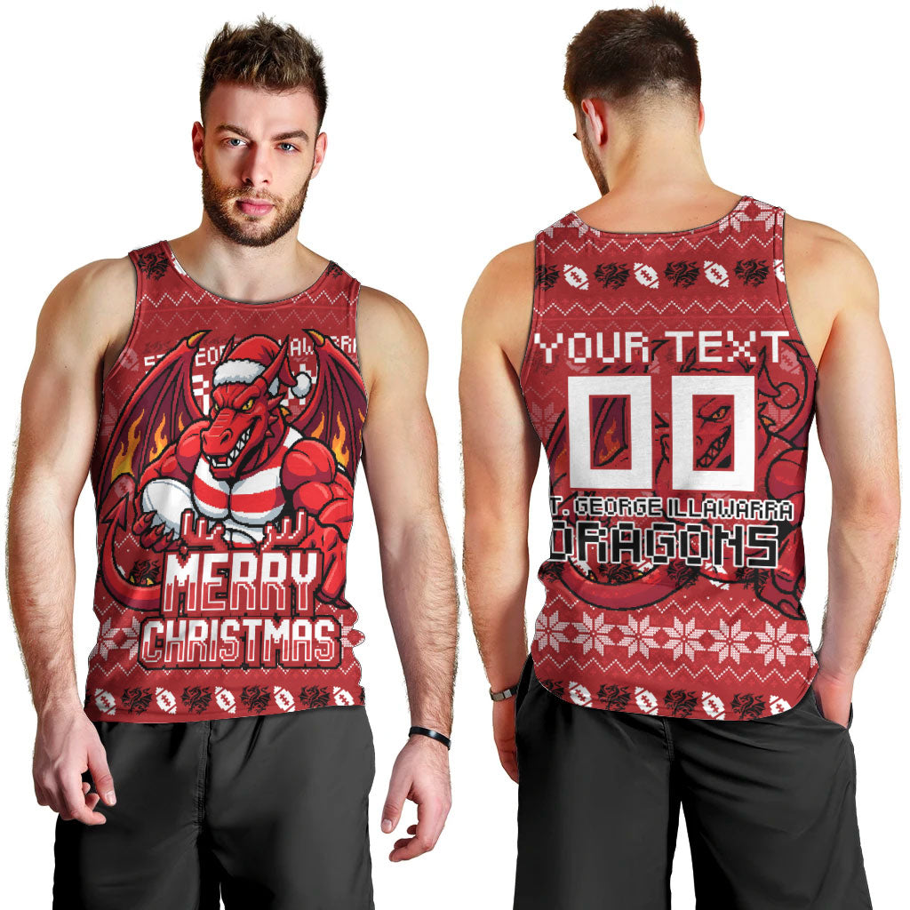 Personalized St George Illawarra Dragons Christmas Men Tank Top Australian Rugby Fans - Pixelated Ugly Xmas Pattern Mascot Santa