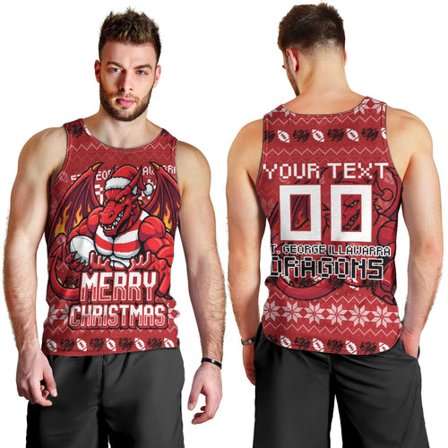 Personalized St George Illawarra Dragons Christmas Men Tank Top Australian Rugby Fans - Pixelated Ugly Xmas Pattern Mascot Santa