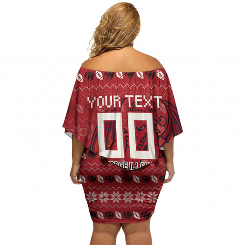 Personalized St George Illawarra Dragons Christmas Off Shoulder Short Dress Australian Rugby Fans - Pixelated Ugly Xmas Pattern Mascot Santa