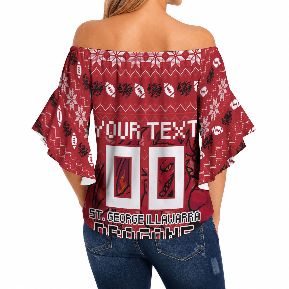 Personalized St George Illawarra Dragons Christmas Off Shoulder Wrap Waist Top Australian Rugby Fans - Pixelated Ugly Xmas Pattern Mascot Santa