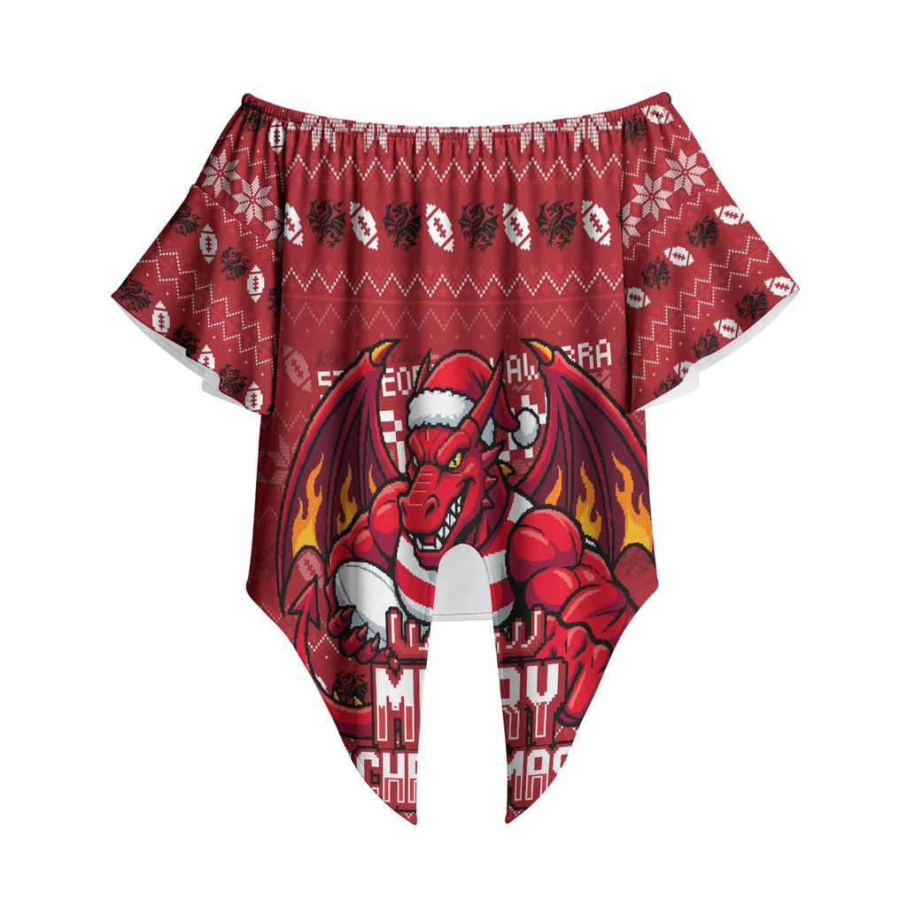 Personalized St George Illawarra Dragons Christmas Off Shoulder Wrap Waist Top Australian Rugby Fans - Pixelated Ugly Xmas Pattern Mascot Santa