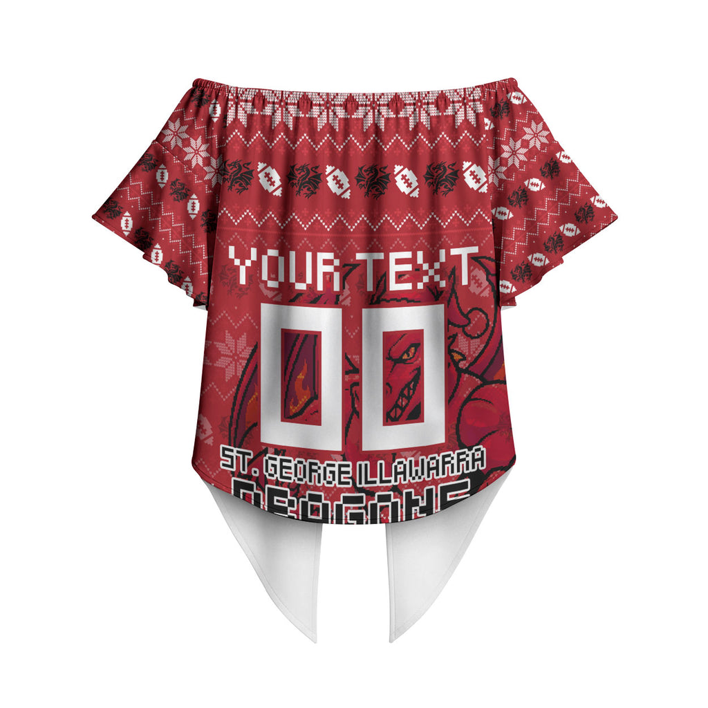 Personalized St George Illawarra Dragons Christmas Off Shoulder Wrap Waist Top Australian Rugby Fans - Pixelated Ugly Xmas Pattern Mascot Santa