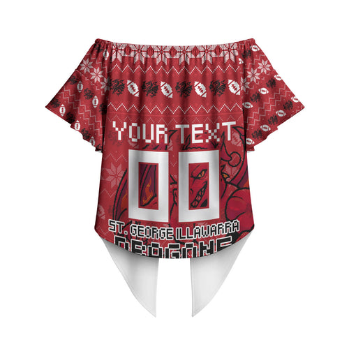 Personalized St George Illawarra Dragons Christmas Off Shoulder Wrap Waist Top Australian Rugby Fans - Pixelated Ugly Xmas Pattern Mascot Santa