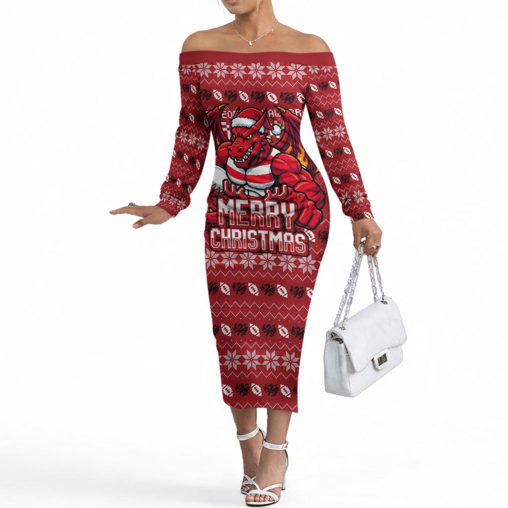 Personalized St George Illawarra Dragons Christmas Off The Shoulder Long Sleeve Dress Australian Rugby Fans - Pixelated Ugly Xmas Pattern Mascot Santa