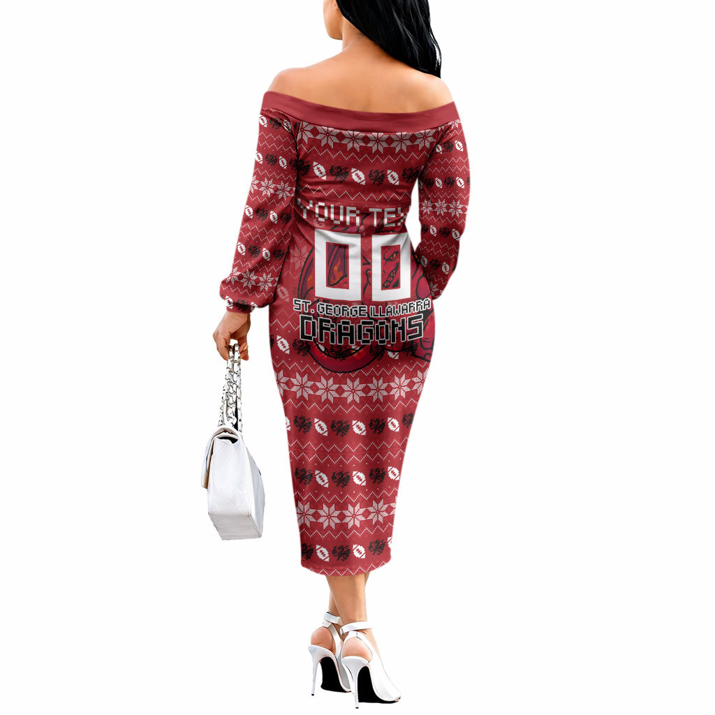 Personalized St George Illawarra Dragons Christmas Off The Shoulder Long Sleeve Dress Australian Rugby Fans - Pixelated Ugly Xmas Pattern Mascot Santa