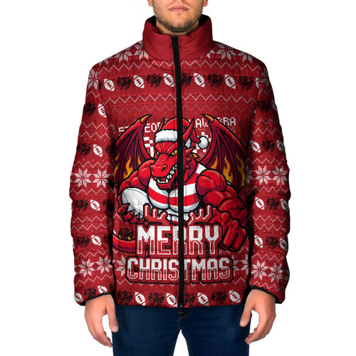 Personalized St George Illawarra Dragons Christmas Padded Jacket Australian Rugby Fans - Pixelated Ugly Xmas Pattern Mascot Santa