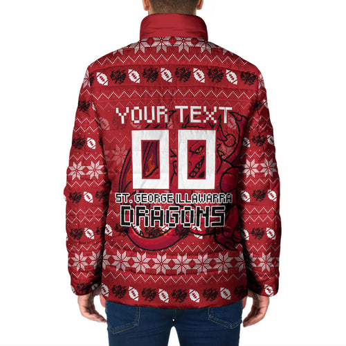 Personalized St George Illawarra Dragons Christmas Padded Jacket Australian Rugby Fans - Pixelated Ugly Xmas Pattern Mascot Santa