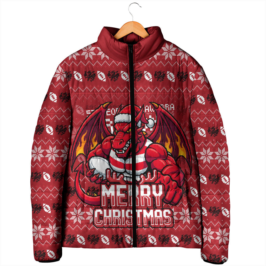 Personalized St George Illawarra Dragons Christmas Padded Jacket Australian Rugby Fans - Pixelated Ugly Xmas Pattern Mascot Santa
