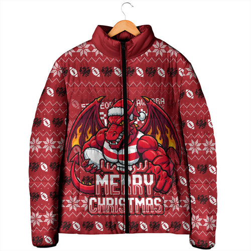Personalized St George Illawarra Dragons Christmas Padded Jacket Australian Rugby Fans - Pixelated Ugly Xmas Pattern Mascot Santa