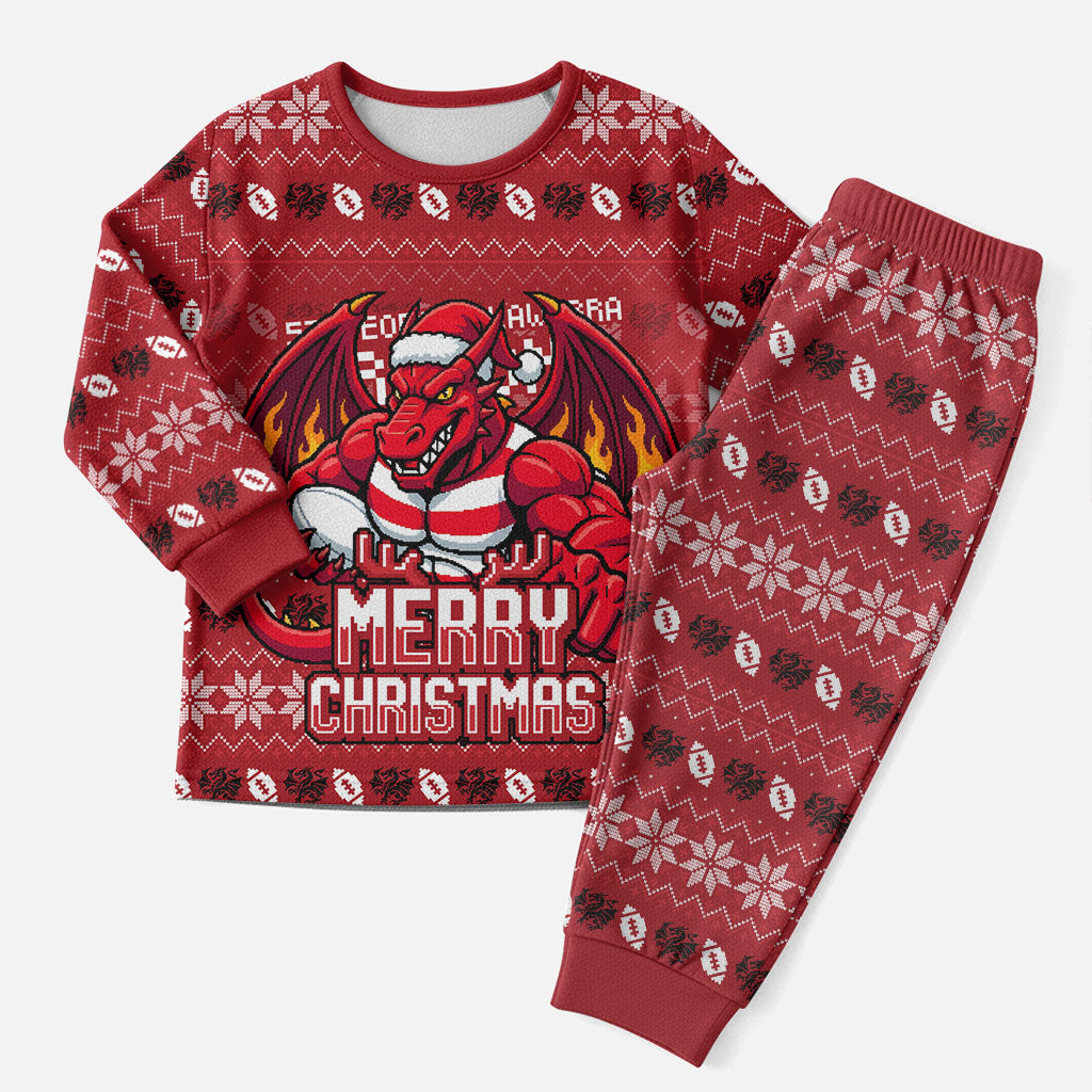Personalized St George Illawarra Dragons Christmas Pajama Set Australian Rugby Fans - Pixelated Ugly Xmas Pattern Mascot Santa