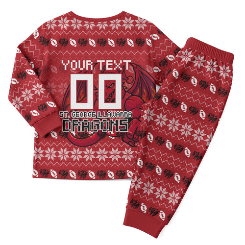 Personalized St George Illawarra Dragons Christmas Pajama Set Australian Rugby Fans - Pixelated Ugly Xmas Pattern Mascot Santa
