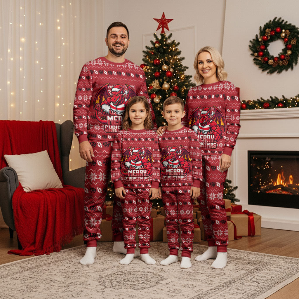 Personalized St George Illawarra Dragons Christmas Pajama Set Australian Rugby Fans - Pixelated Ugly Xmas Pattern Mascot Santa