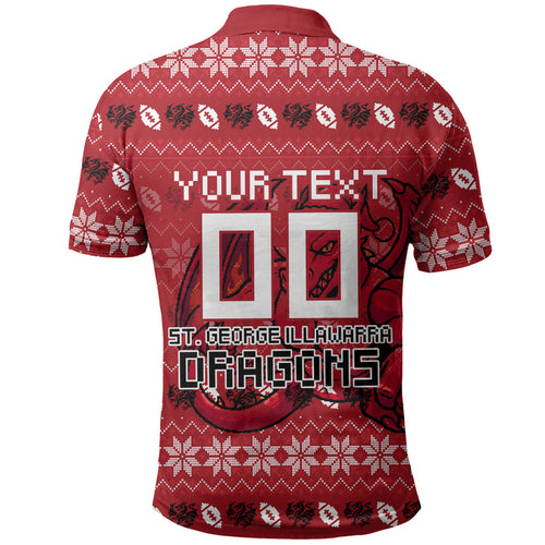 Personalized St George Illawarra Dragons Christmas Polo Shirt Australian Rugby Fans - Pixelated Ugly Xmas Pattern Mascot Santa