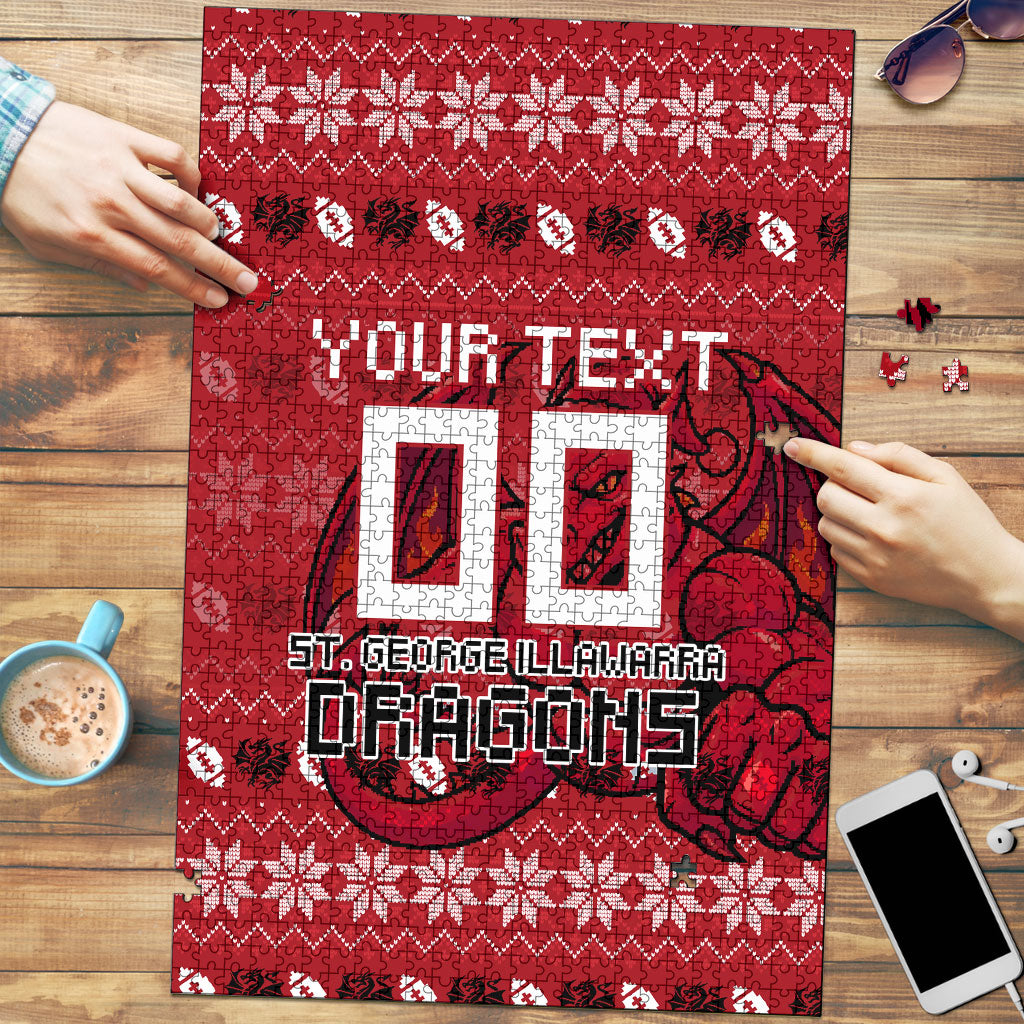Personalized St George Illawarra Dragons Christmas Puzzle Australian Rugby Fans - Pixelated Ugly Xmas Pattern Mascot Santa