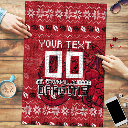 Personalized St George Illawarra Dragons Christmas Puzzle Australian Rugby Fans - Pixelated Ugly Xmas Pattern Mascot Santa