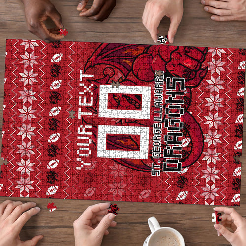 Personalized St George Illawarra Dragons Christmas Puzzle Australian Rugby Fans - Pixelated Ugly Xmas Pattern Mascot Santa