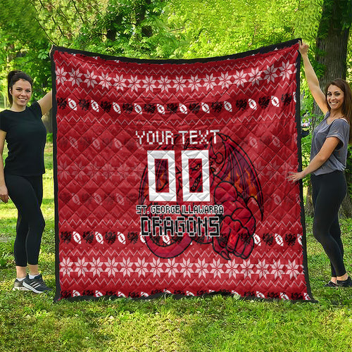 Personalized St George Illawarra Dragons Christmas Quilt Australian Rugby Fans - Pixelated Ugly Xmas Pattern Mascot Santa