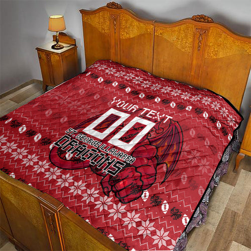 Personalized St George Illawarra Dragons Christmas Quilt Australian Rugby Fans - Pixelated Ugly Xmas Pattern Mascot Santa