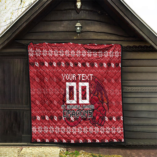 Personalized St George Illawarra Dragons Christmas Quilt Australian Rugby Fans - Pixelated Ugly Xmas Pattern Mascot Santa