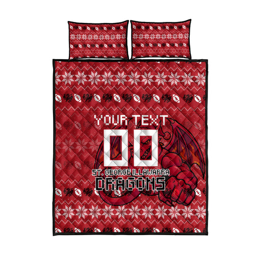 Personalized St George Illawarra Dragons Christmas Quilt Bed Set Australian Rugby Fans - Pixelated Ugly Xmas Pattern Mascot Santa