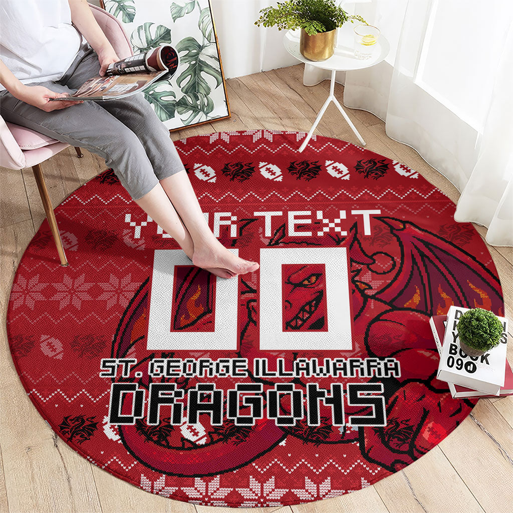 Personalized St George Illawarra Dragons Christmas Round Carpet Australian Rugby Fans - Pixelated Ugly Xmas Pattern Mascot Santa
